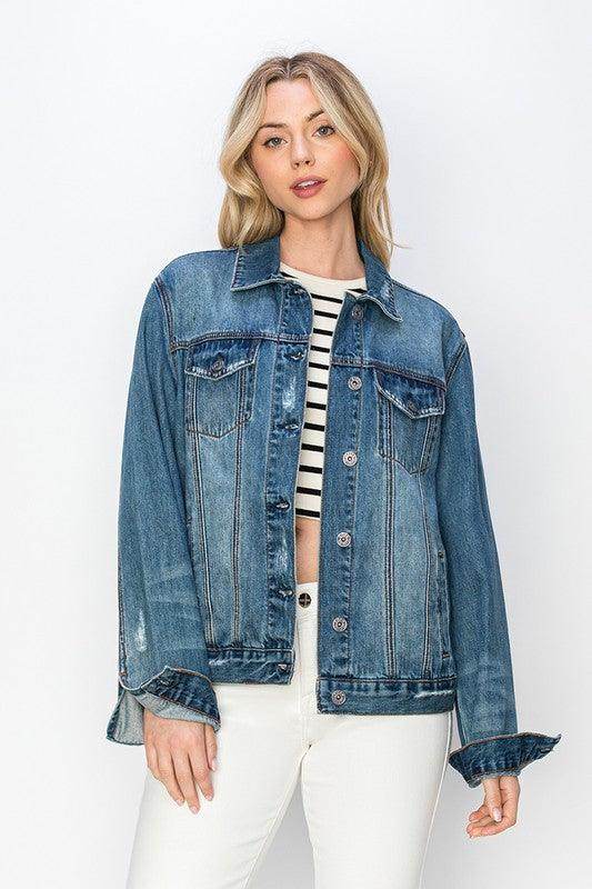 RISEN Full Size Distressed Button Up Jacket for Women