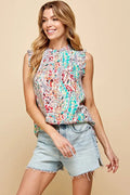 Lime 'N' Chili Full Size Graphic Print Ruffle Trim Mock Neck Sleeveless Top Plus Size