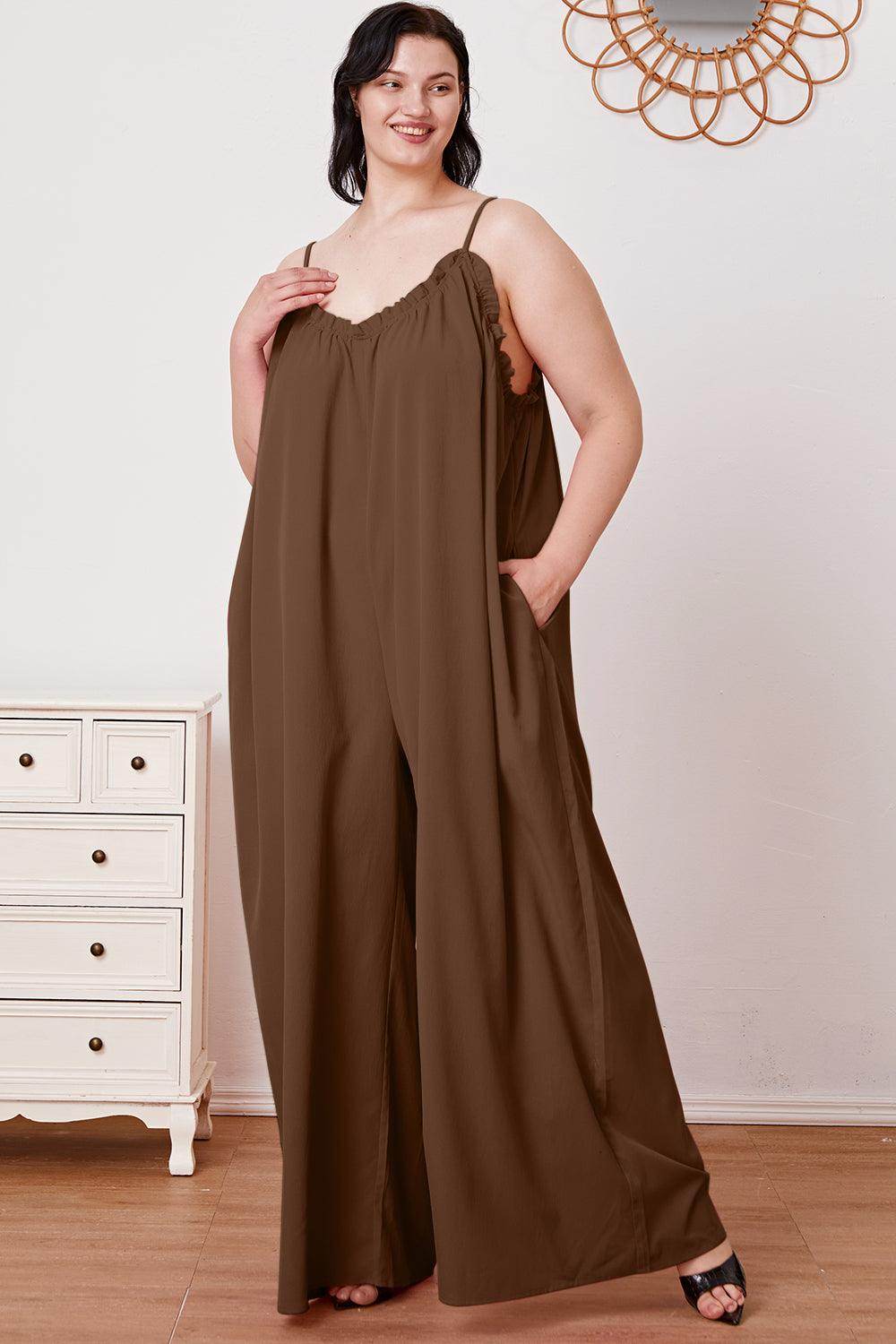 Double Take Full Size Ruffle Trim Tie Back Cami Jumpsuit