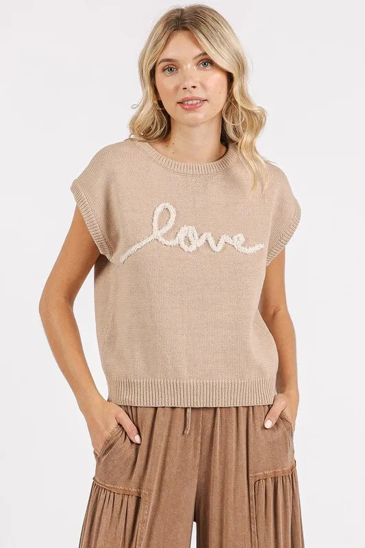 Mittoshop Contrast Letter Round Neck Cap Sleeve Knit Top