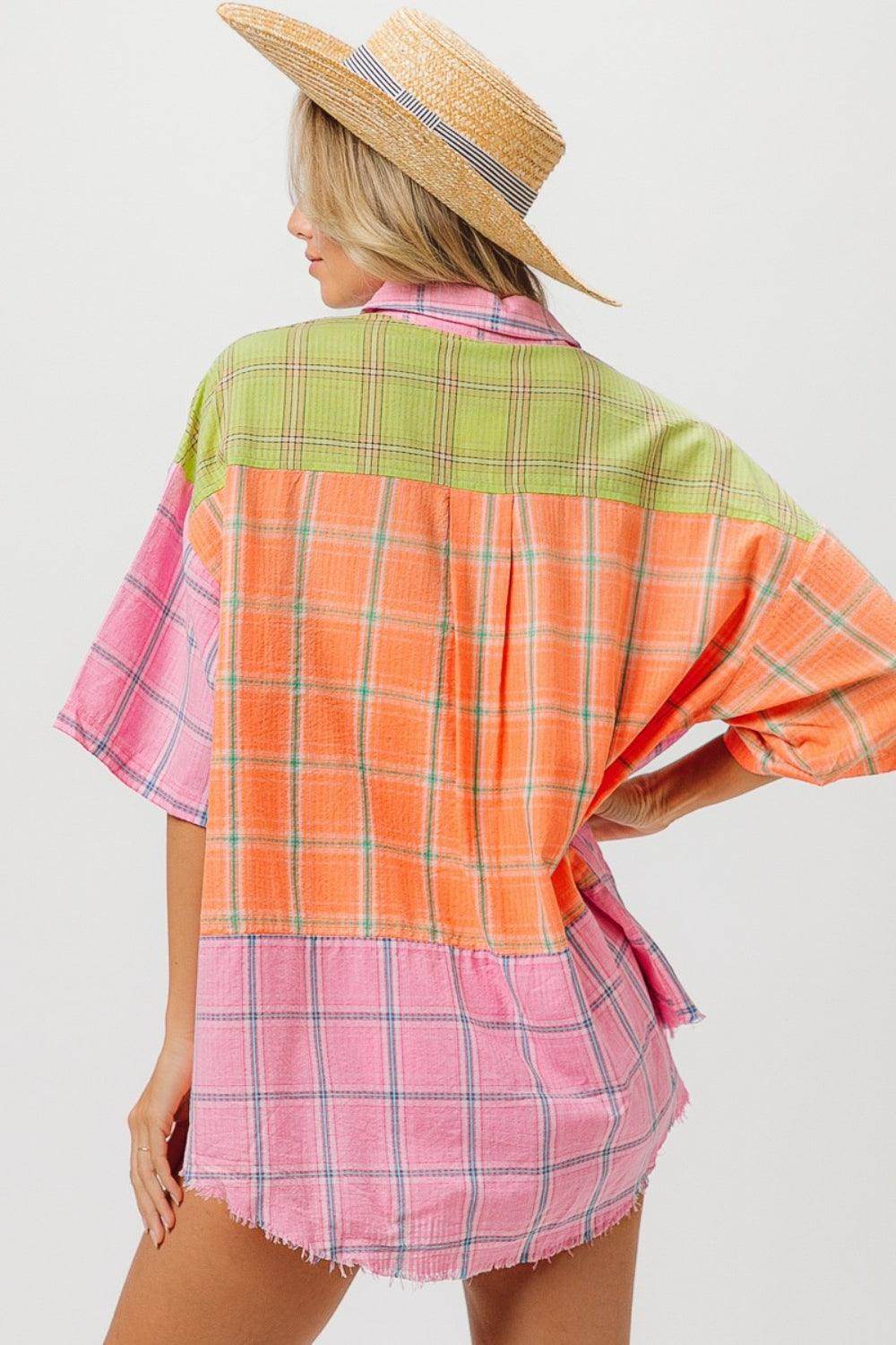 BiBi Plaid Collared Neck Half Sleeve Shirt for Women