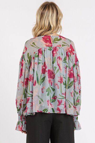 Mittoshop Floral Round Neck Flounce Sleeve Blouse for Women