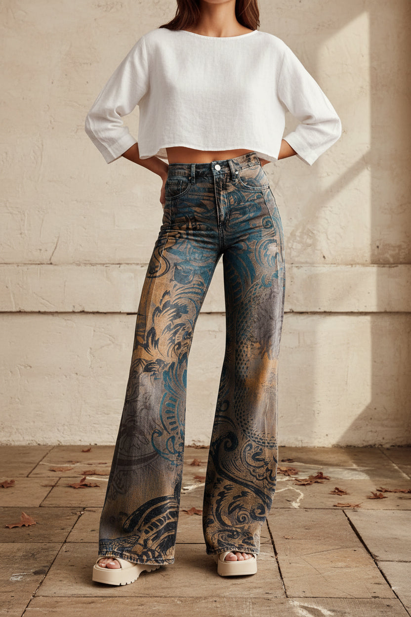 Women's Printed Flare Pants – Mid-Waist Full Length Plus Size