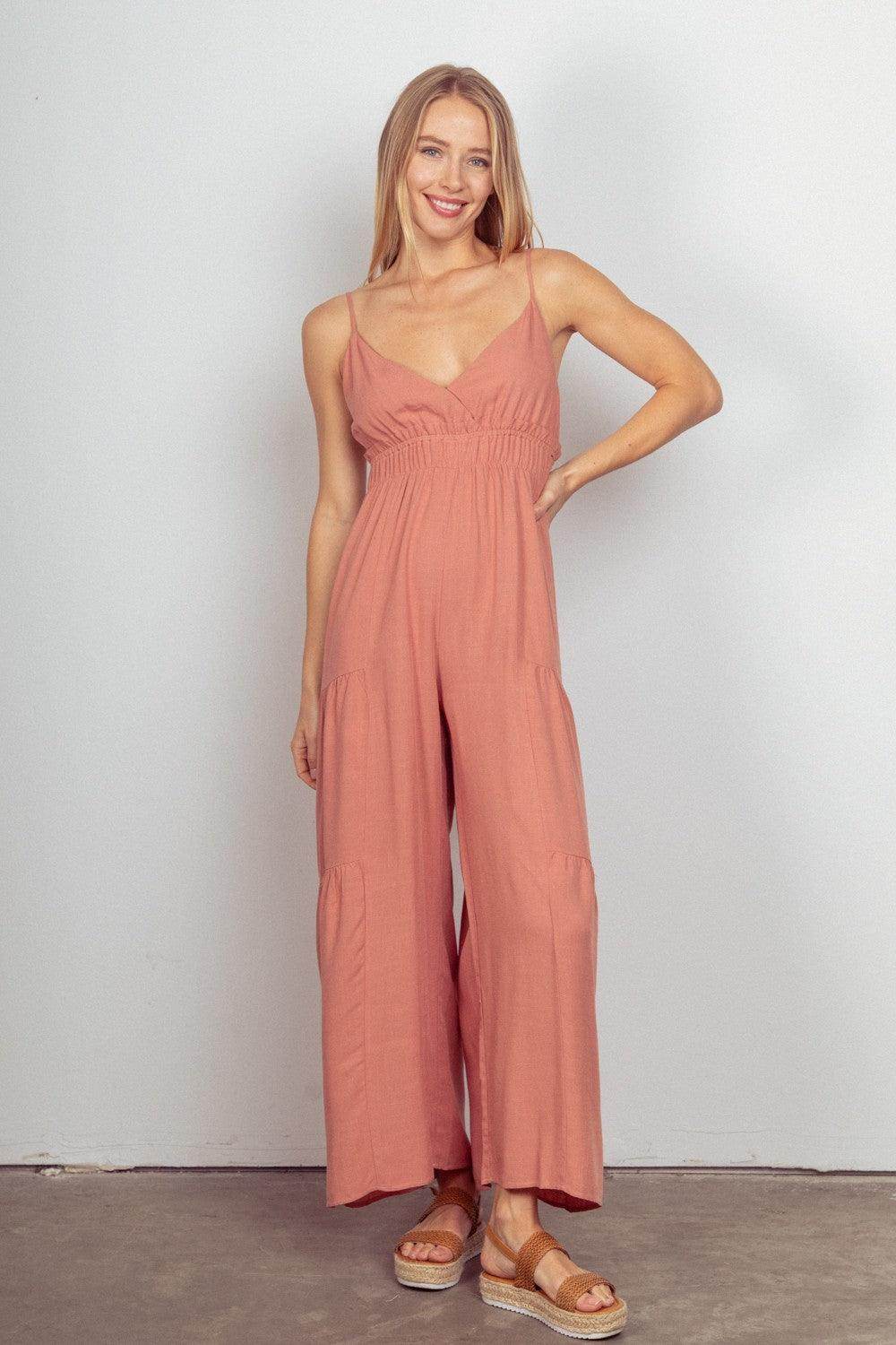 Very J Sleeveless Ruched Wide Leg Jumpsuit for Women