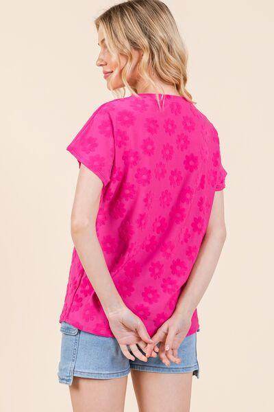 BOMBOM Textured Floral Pattern Short Sleeve T-Shirt for Women