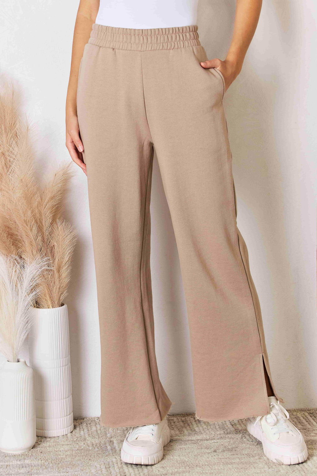 RISEN Wide Waistband Slit Wide Leg Pants for Women