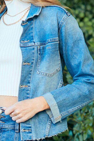 Veveret Button Up Raw Hem Denim Jacket for Women Fashion