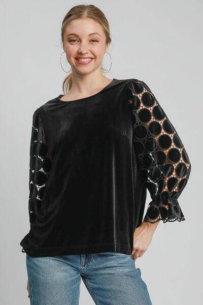 Umgee Polka Dot Lace Long Sleeve Round Neck Blouse Women