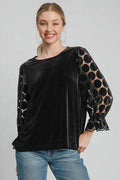 Umgee Polka Dot Lace Long Sleeve Round Neck Blouse Women