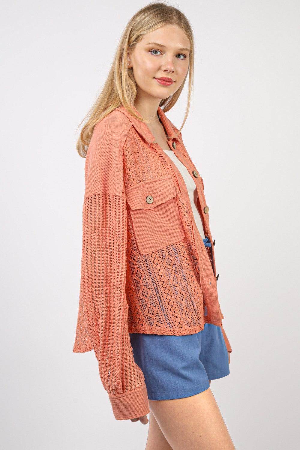 Very J Button Up Long Sleeve Lace Shirt for Women