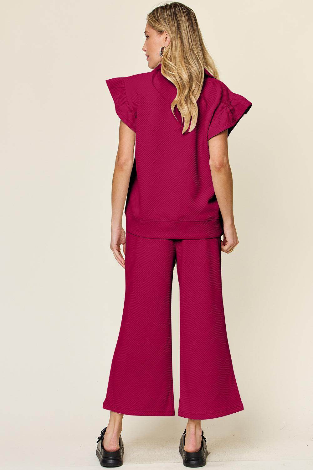 Double Take Texture Ruffle Short Sleeve Top and Pants Set