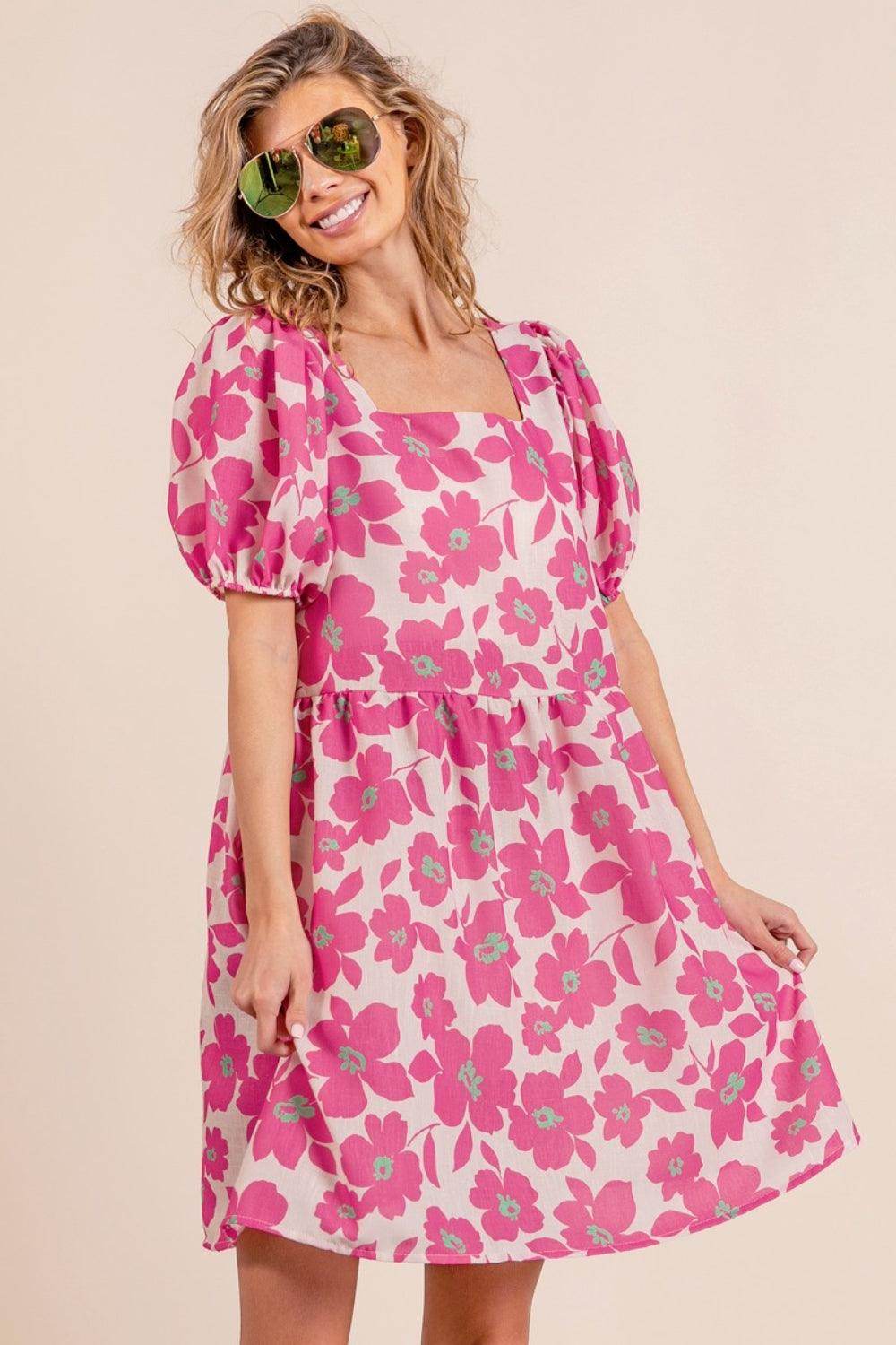 BiBi Printed Square Neck Puff Sleeve Mini Dress for Women