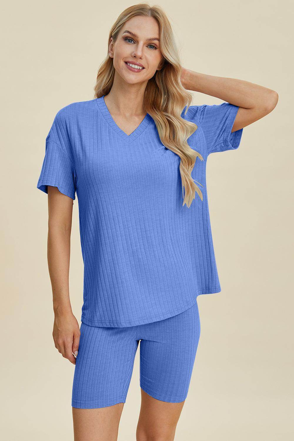 Basic Bae Full Size Ribbed V-Neck Top and Shorts Set For Women