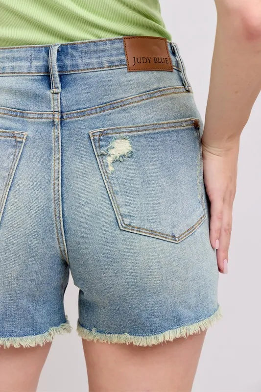 Judy Blue Full Size High Rise Washed Fly Stitch Detail and Destroy Denim Shorts Plus Size