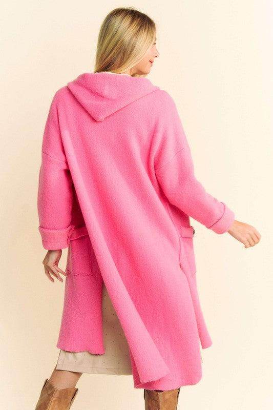 Davi & Dani Side Slit Button Up Hooded Cardigan for Women
