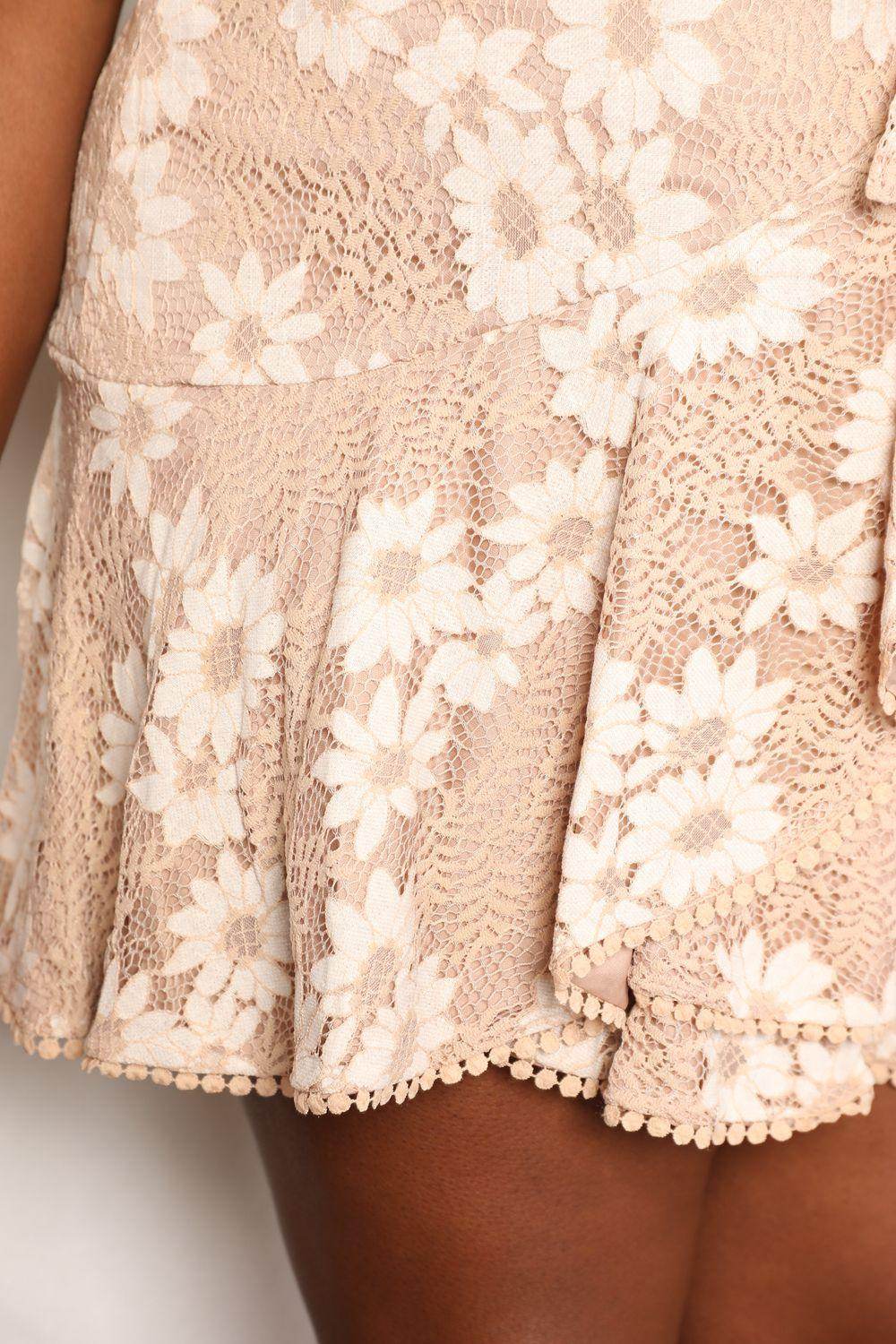 Double Take Floral Lace Pompom Tie-Waist Flutter Sleeve Dress