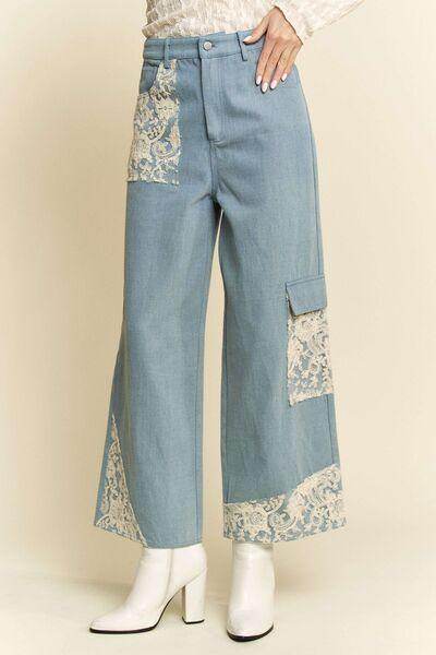 Davi & Dani Lace Applique Wide Leg Jeans for Women