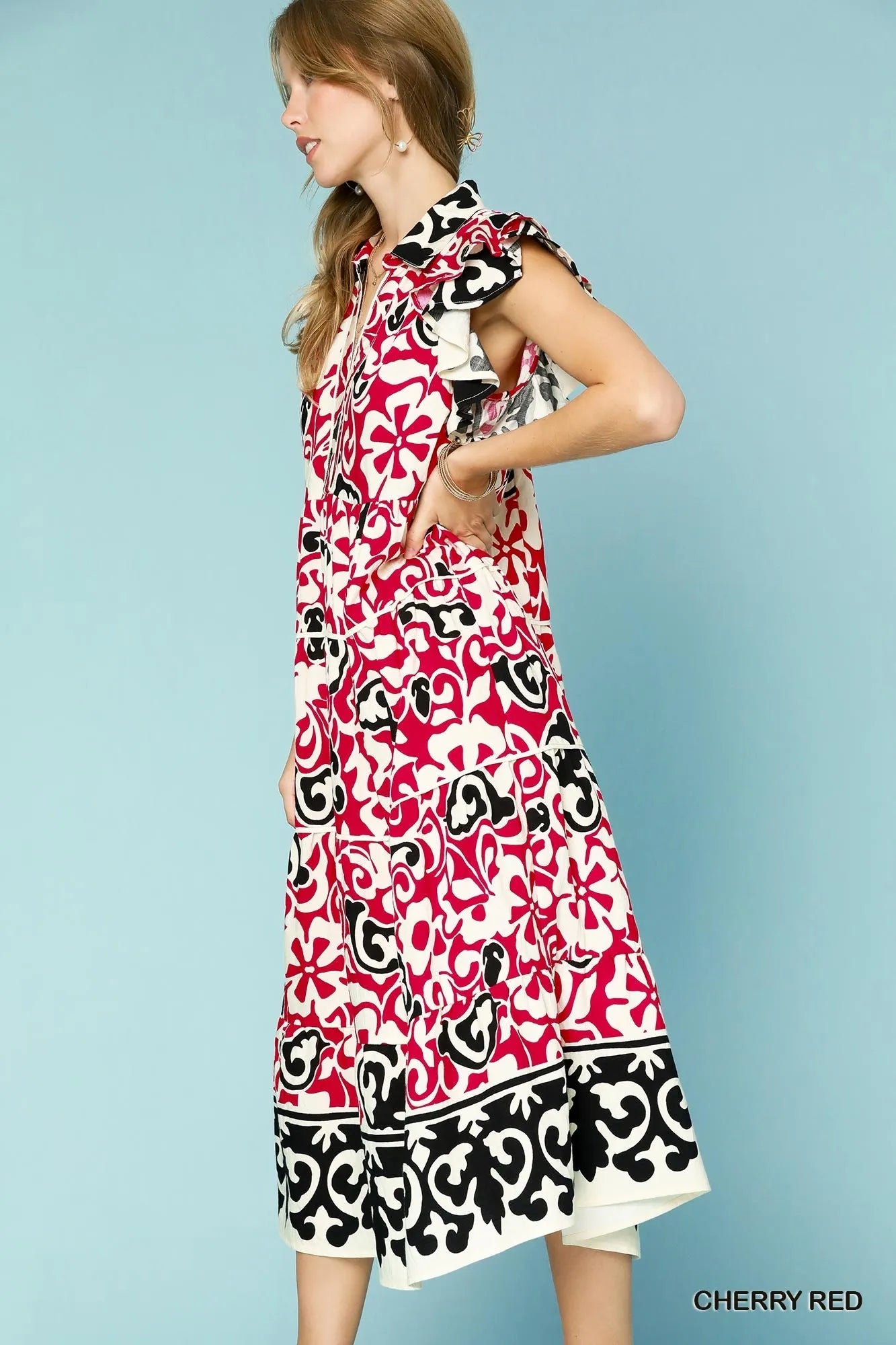 Umgee Printed Ruffled Cap Sleeve Midi Dress
