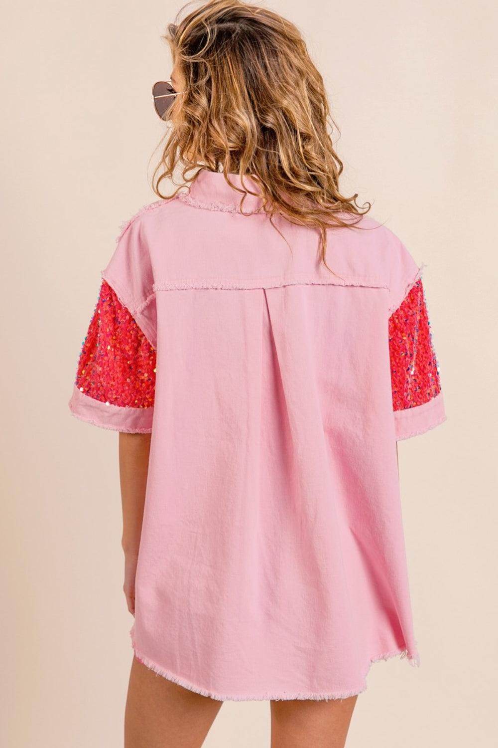 BiBi Sequin Detail Raw Hem Short Sleeve Shirt Glamorous