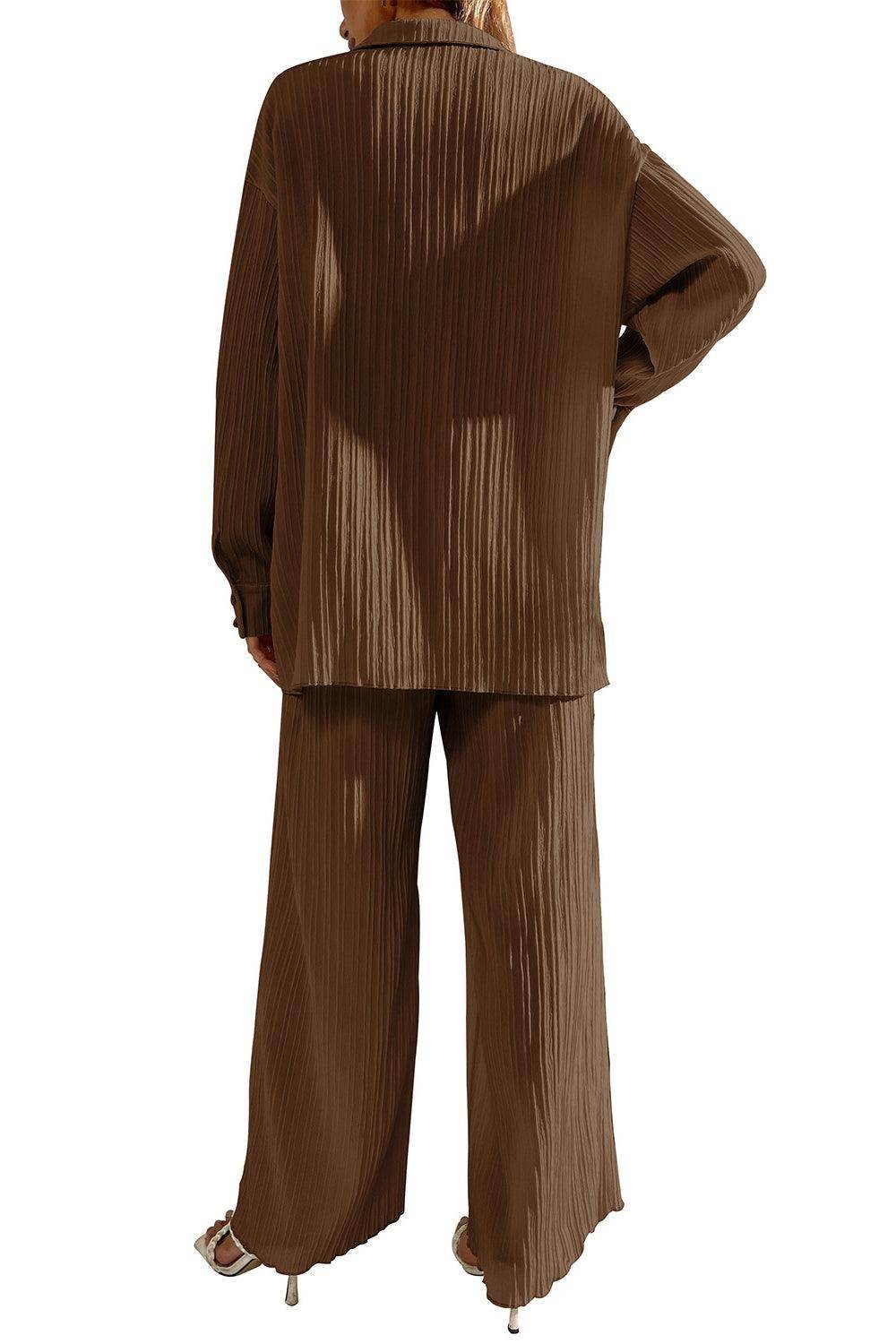 Johnny Collar Button Down Top and Pants Set for Women