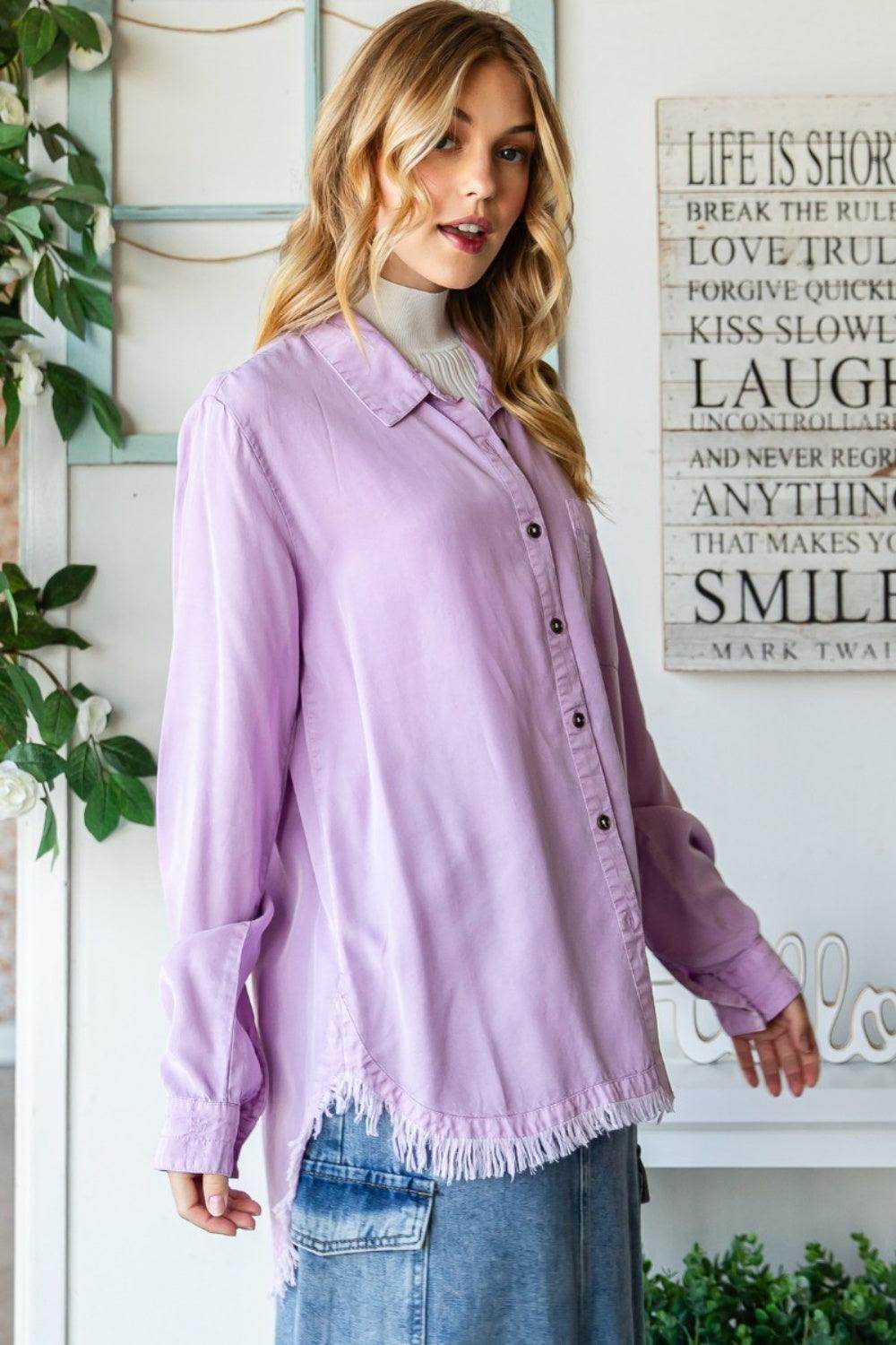 Veveret Raw Hem Button Up Long Sleeve Shirt for Women