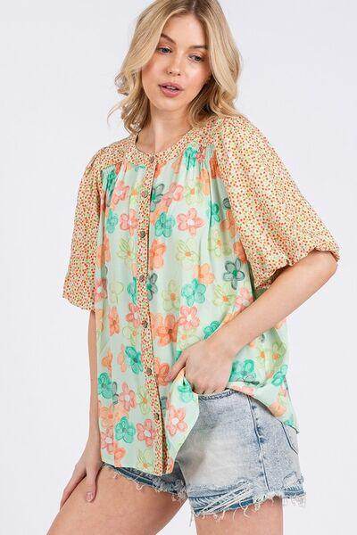 SAGE+FIG Button Down Bubble Sleeves Shirt for Women