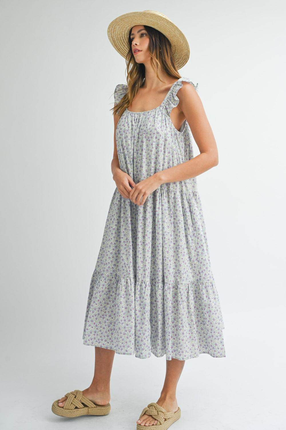 MABLE Floral Ruffle Shoulder Tiered Midi Dress for Women