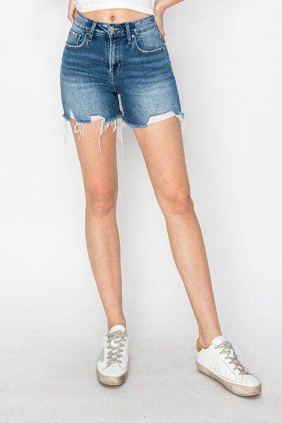 RISEN High Rise Raw Hem Distressed Denim Shorts for Women