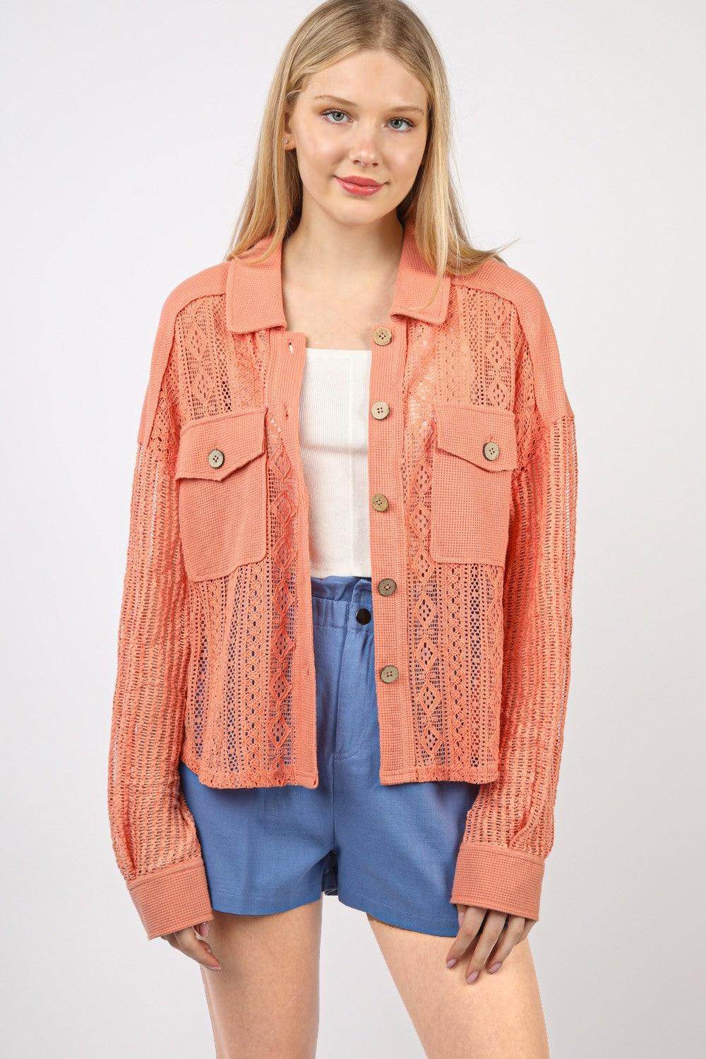 Very J Button Up Long Sleeve Lace Shirt for Women