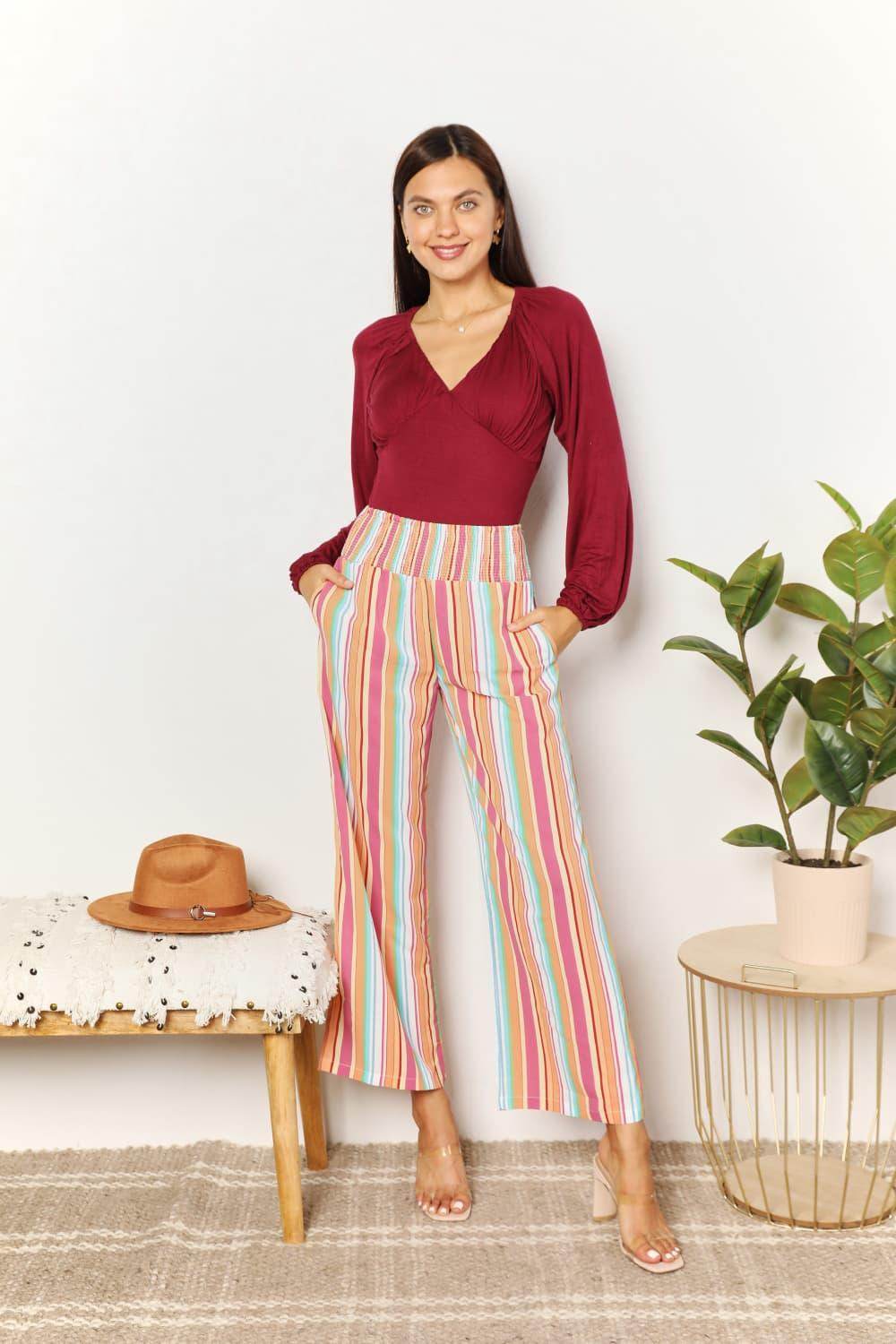 Double Take Striped Smocked Waist Pants with Pockets Stylish