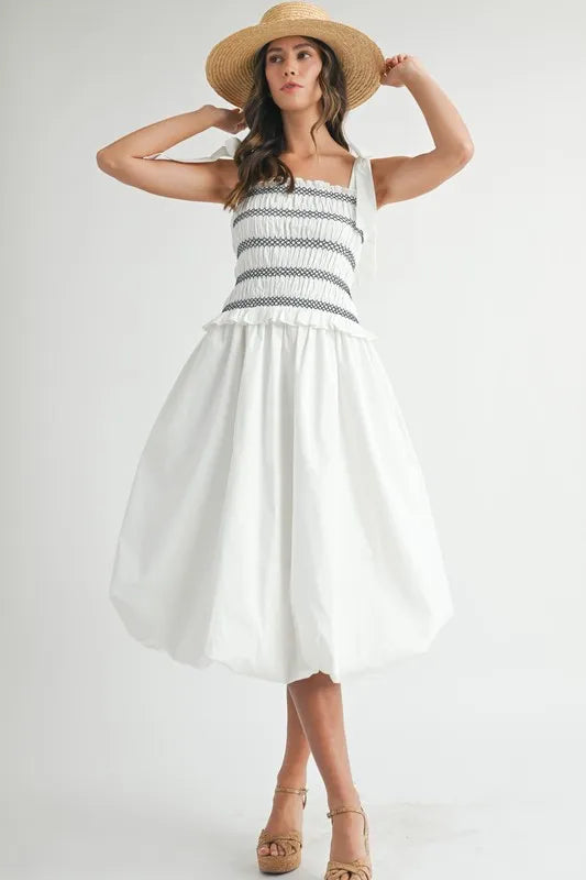 MABLE Smocked Bodice Bubble Midi Dress