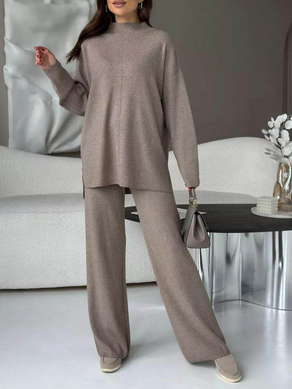 Slit Mock Neck Top and Pants Sweater Set for Women
