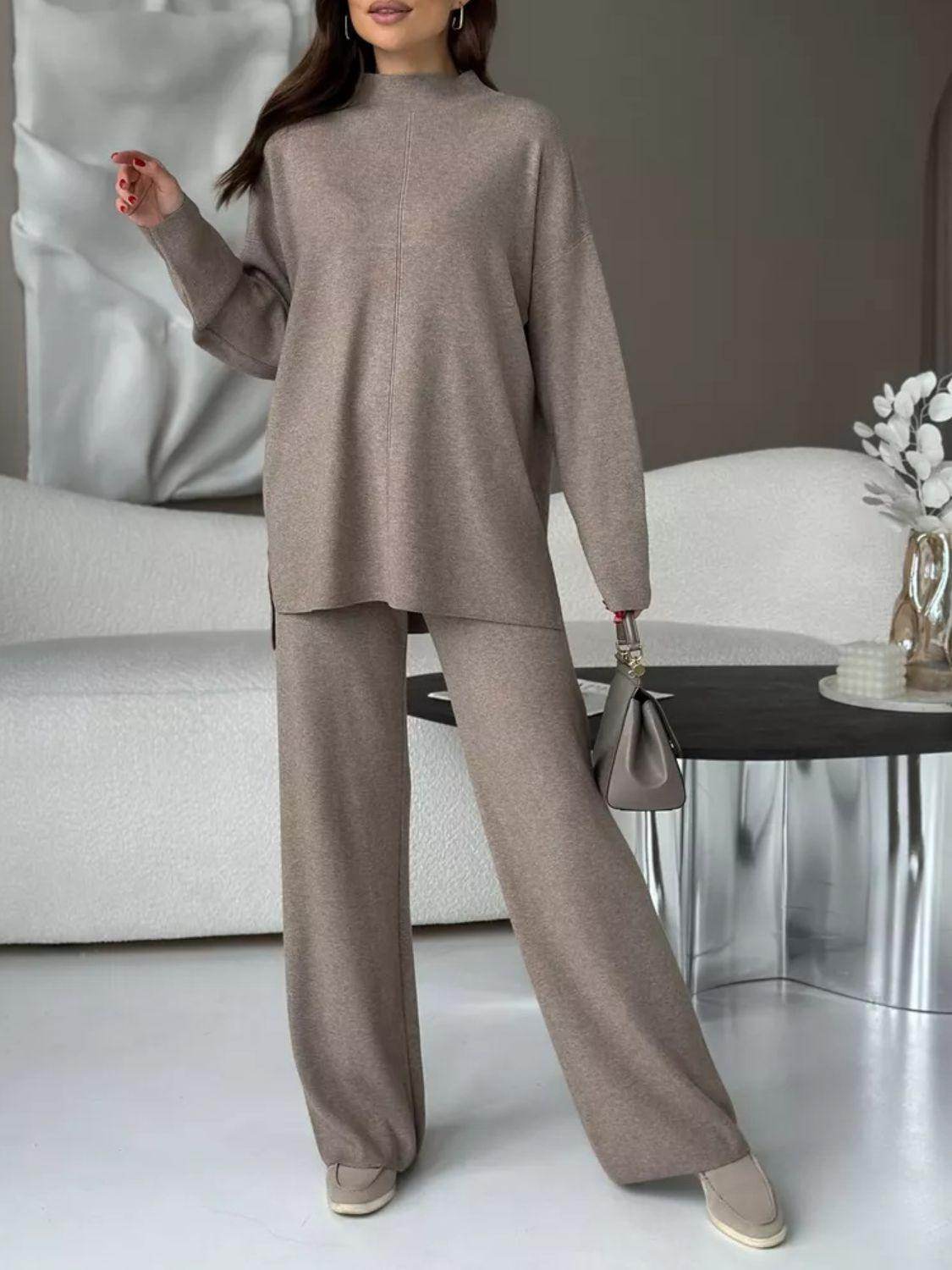 Slit Mock Neck Top and Pants Sweater Set for Women