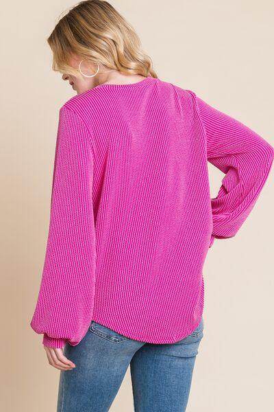 BOMBOM Long Sleeve Curved Hem Ribbed T-Shirt for Women