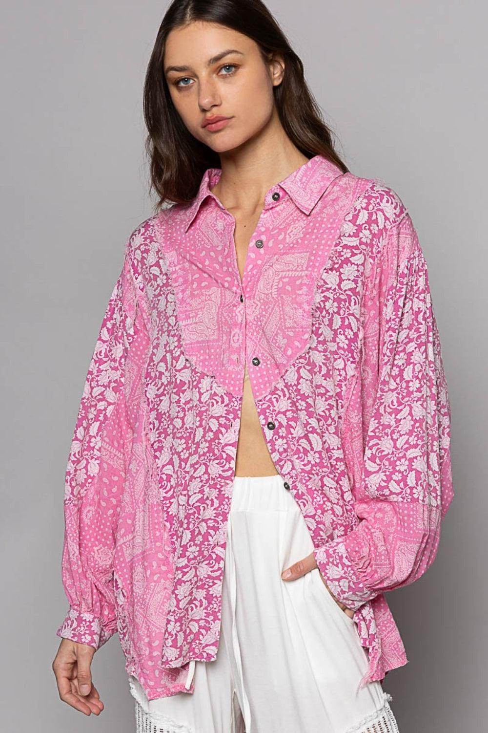 POL Button Down Long Sleeve Paisley Print Shirt for Women