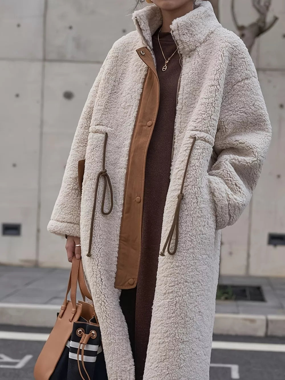 Drawstring Zip Up Turtleneck Sherpa Coat