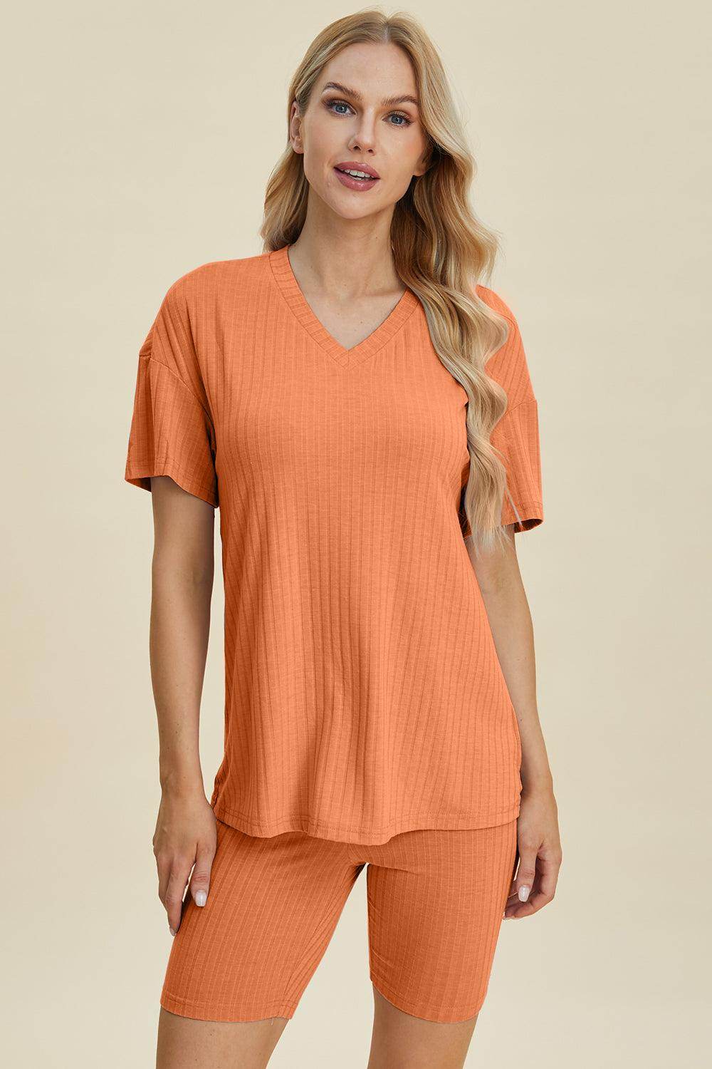 Basic Bae Full Size Ribbed V-Neck Top and Shorts Set For Women