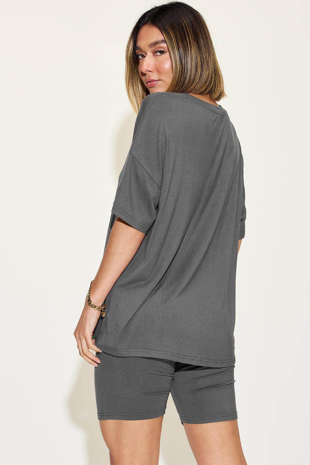 Basic Bae Full Size V-Neck Drop Shoulder T-Shirt Set