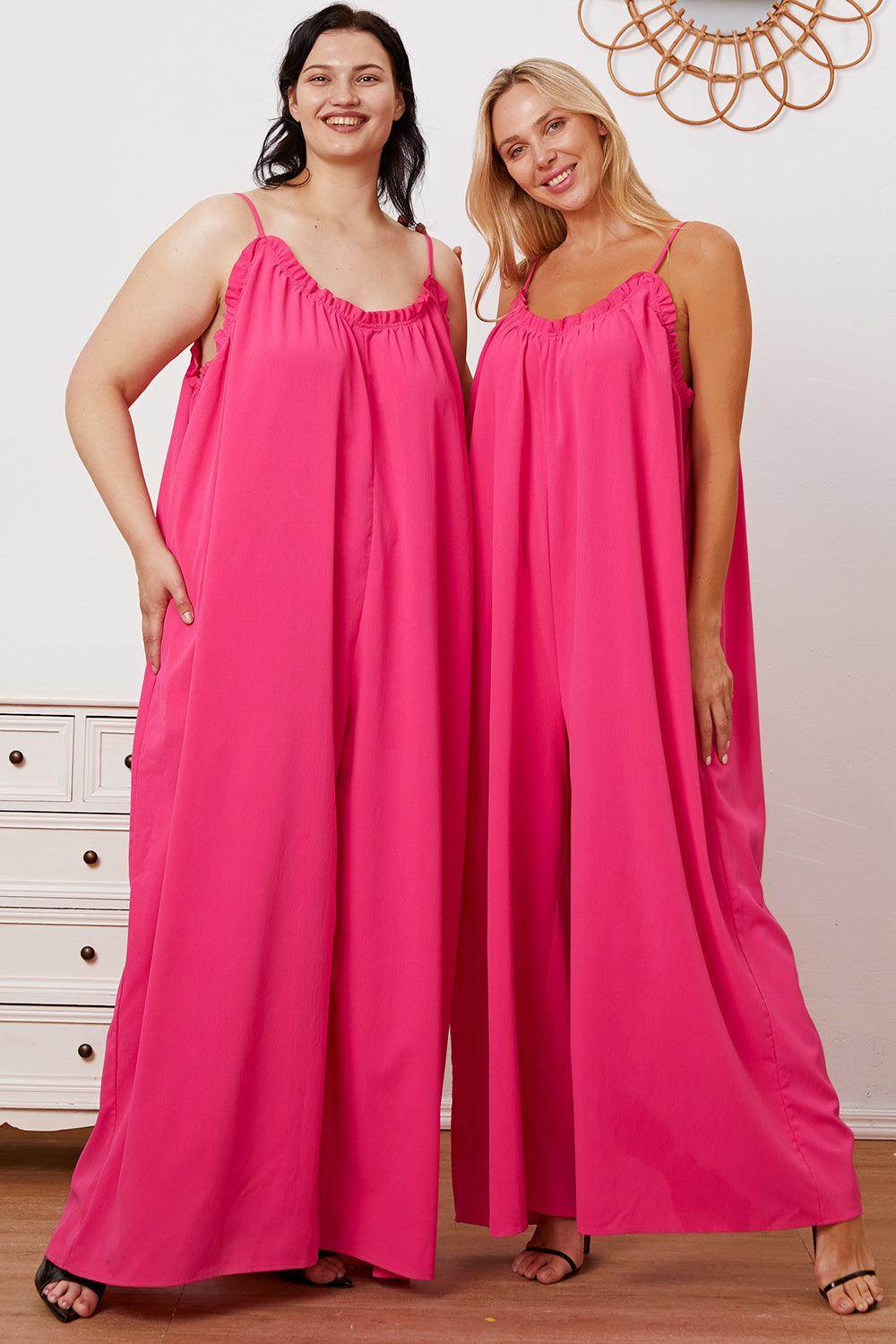 Double Take Full Size Ruffle Trim Tie Back Cami Jumpsuit