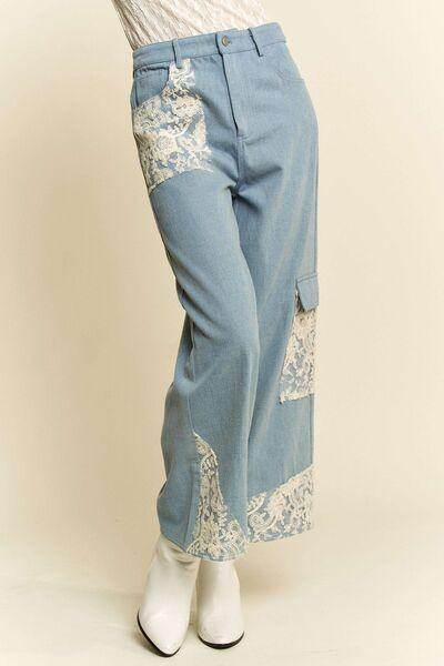 Davi & Dani Lace Applique Wide Leg Jeans for Women