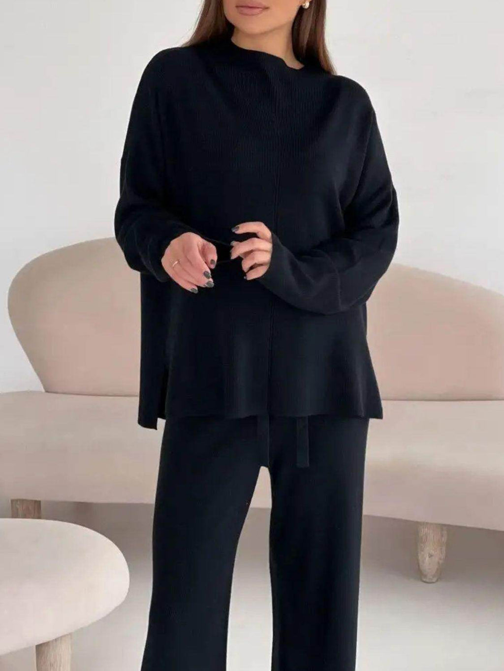 Slit Mock Neck Top and Pants Sweater Set for Women