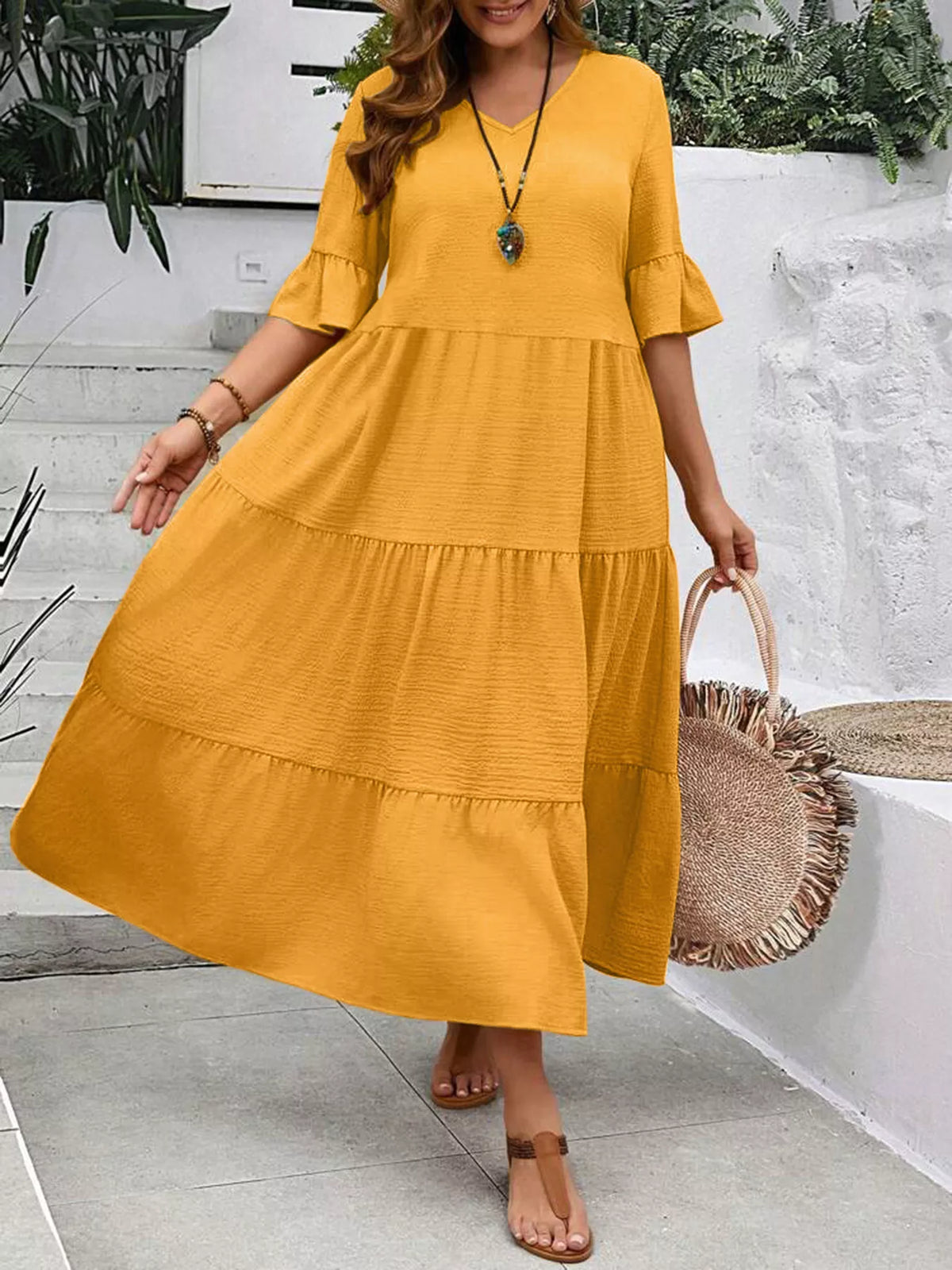 Ruffle Sleeves Tiered Midi Dress