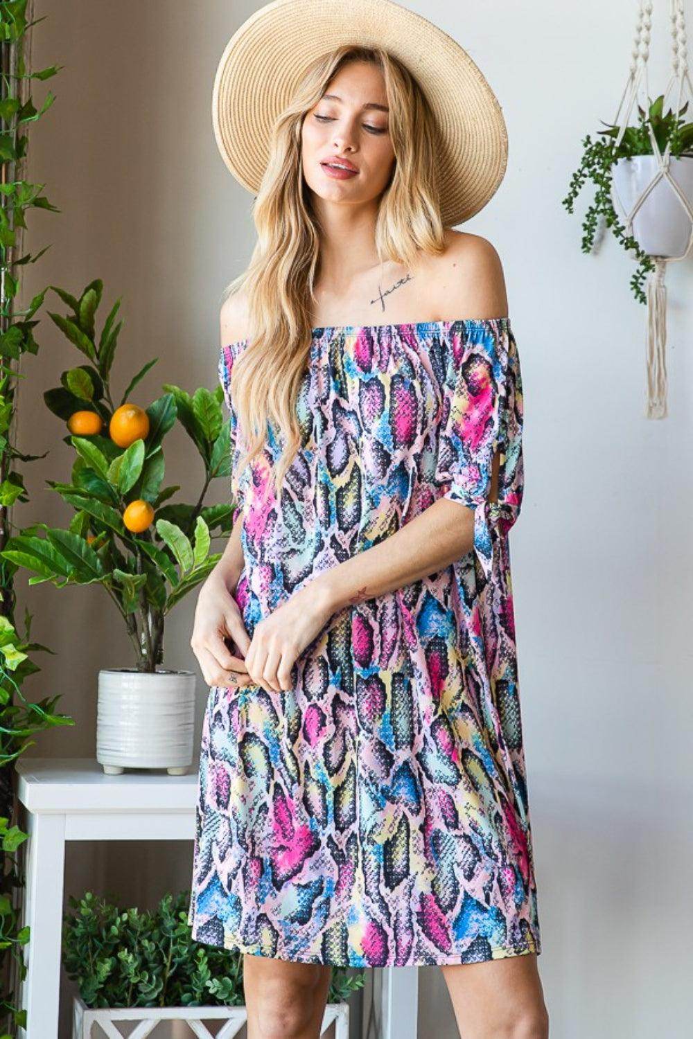 Heimish Full Size Off Shoulder Snake Mini Dress for Women