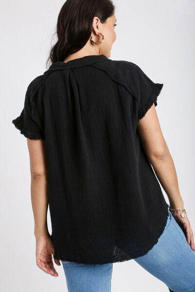 Umgee Full Size Frayed Hem Collared Neck Shirt Plus Size