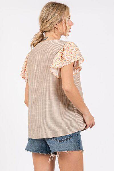 Ces Femme Round Neck Floral Short Sleeve Top for Women