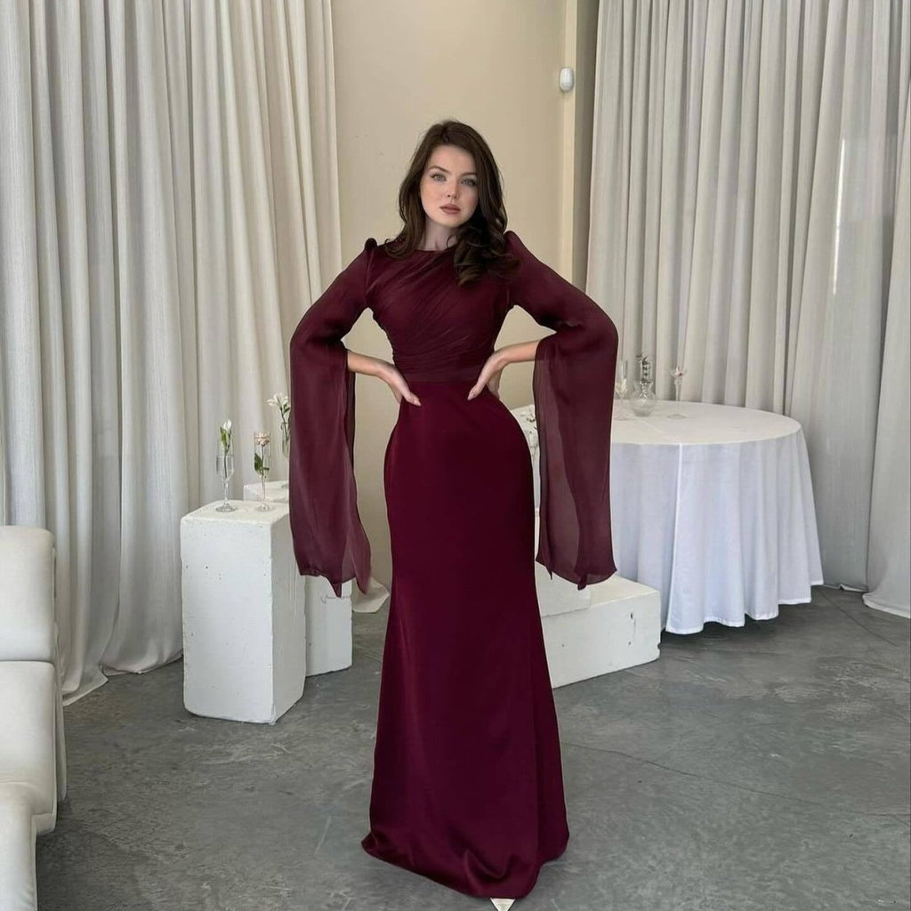 Cape Sleeve Gown with Tie-Back | Fitted Mermaid Maxi Dress(MS230)