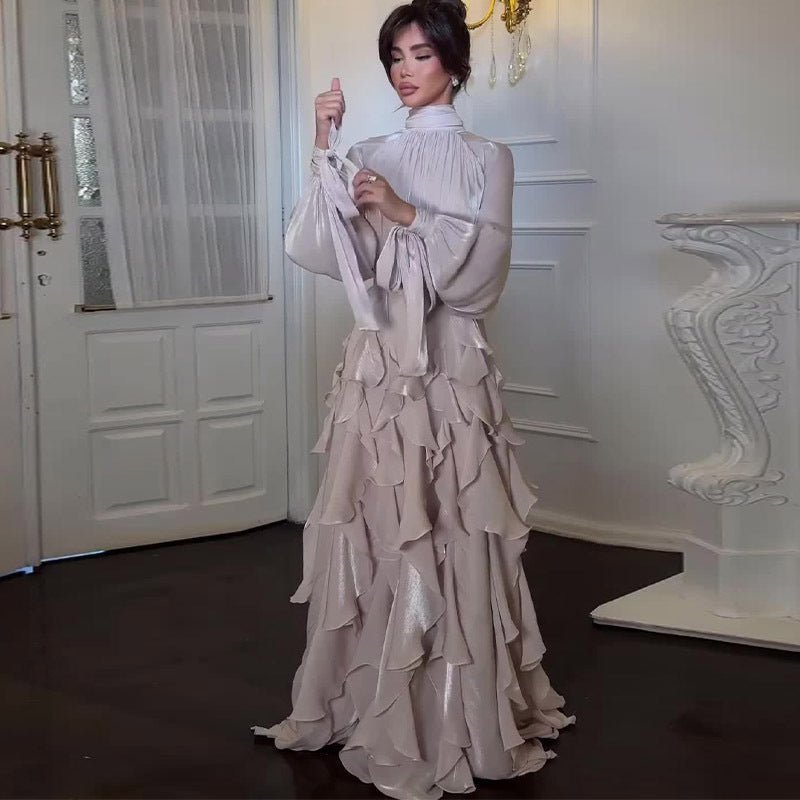 Cascading Ruffle Gown | High Neck Tie-Waist Maxi Dress(MS231)