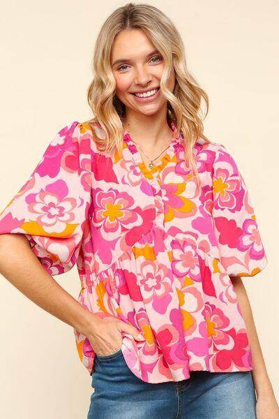 Haptics Full Size Frill Floral Puff Sleeve Blouse Chic