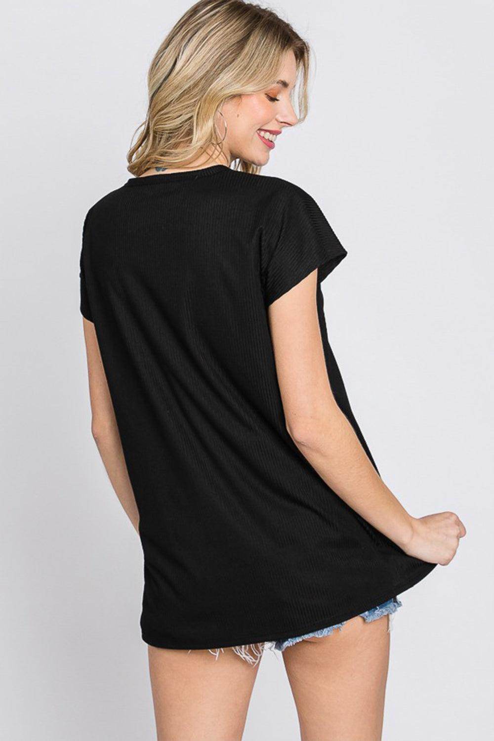 Heimish Full Size Front Button V-Neck Short Sleeve T-Shirt for Women