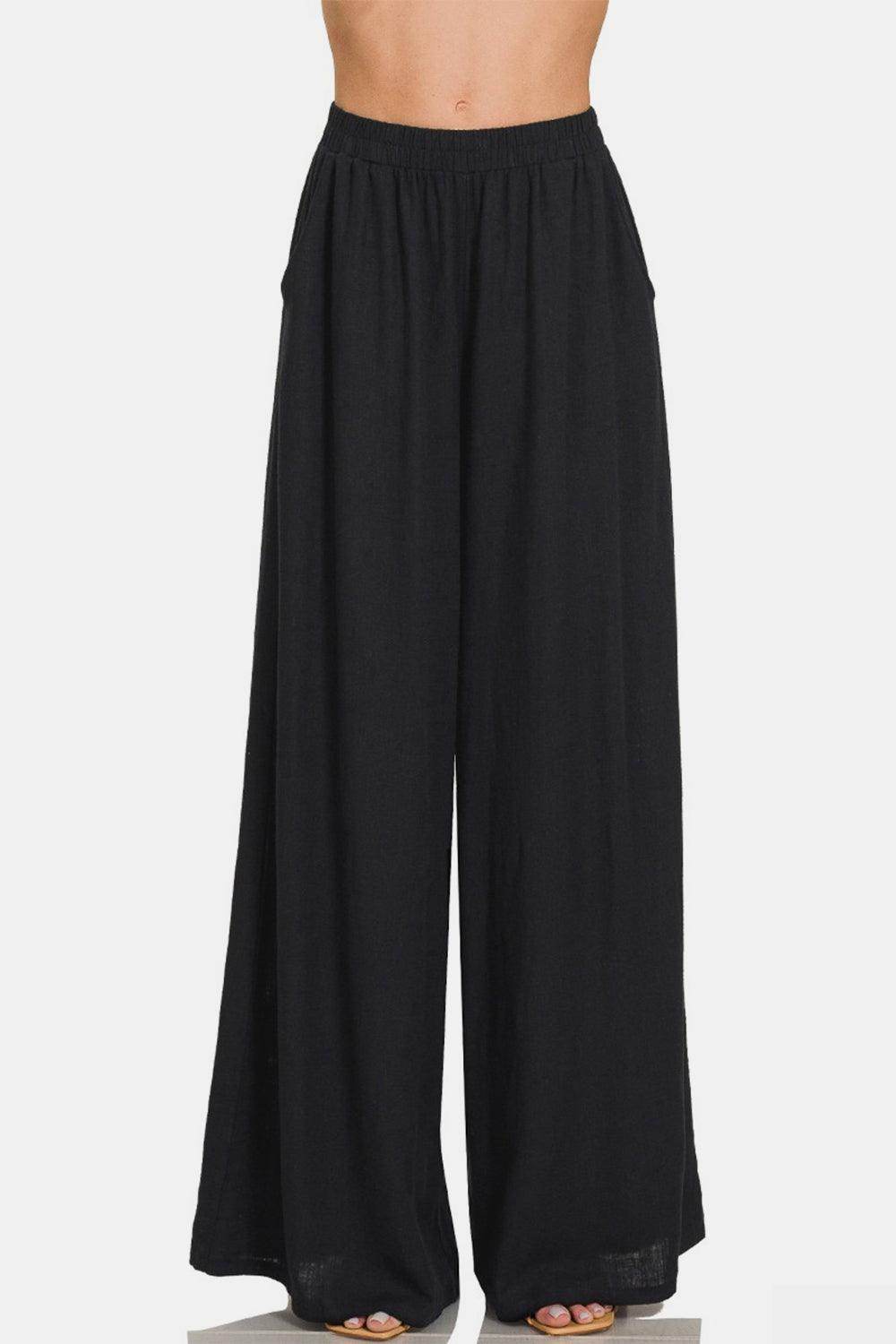 Zenana Pleated Linen Blend Wide Leg Pants for Women